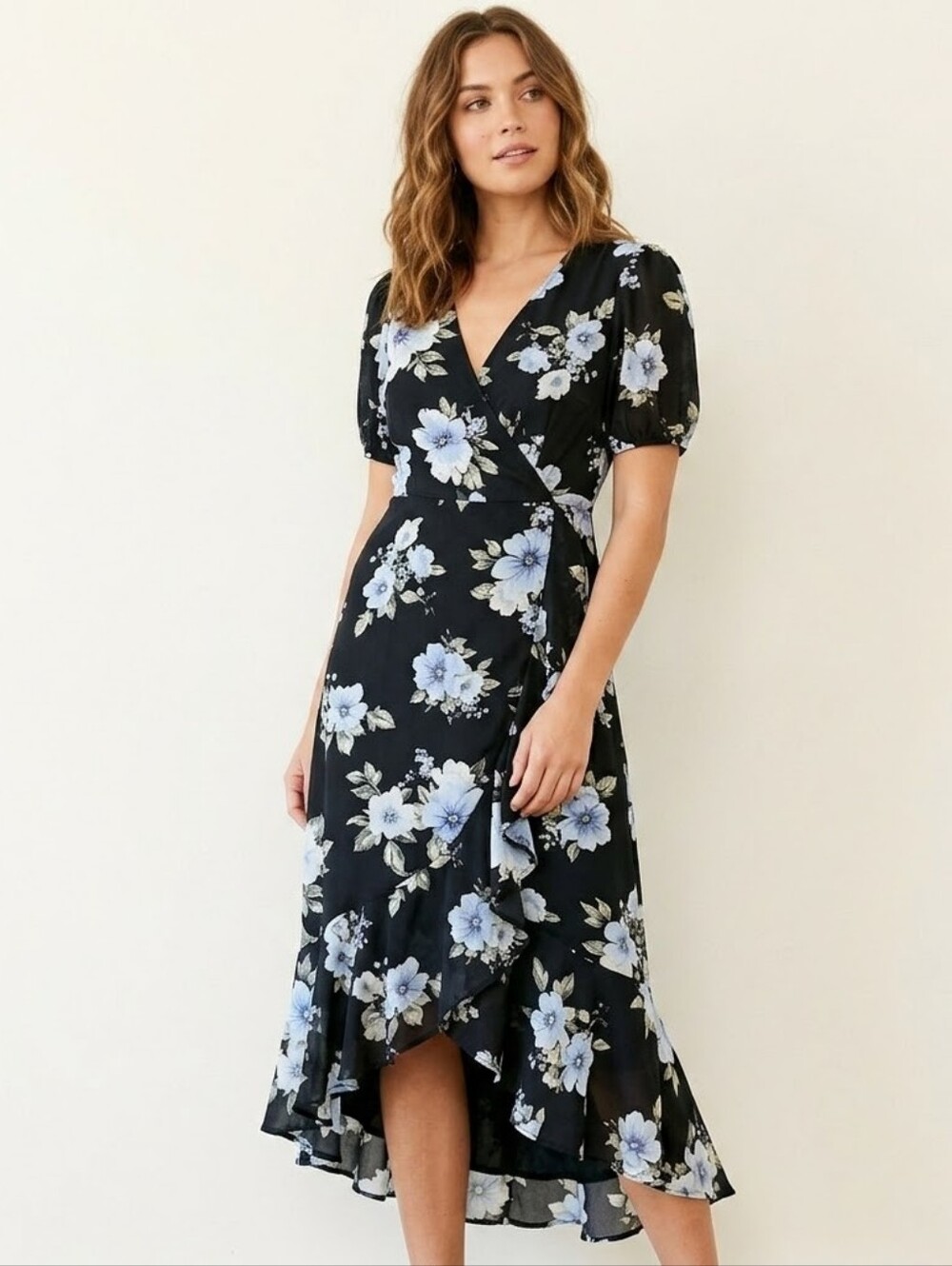 Inspired Hearts Black Blue Floral Surplice Ruffle Midi Dress Size M